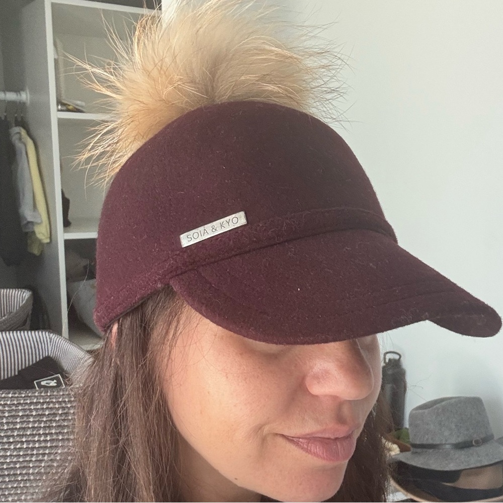 Soia & Kyo Maroon Hat with Faux Fur Pom